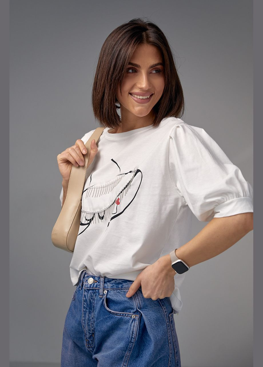 Женская футболка с рукавами-фонариками и принтом шляпки - молочный Lurex - (282957666)