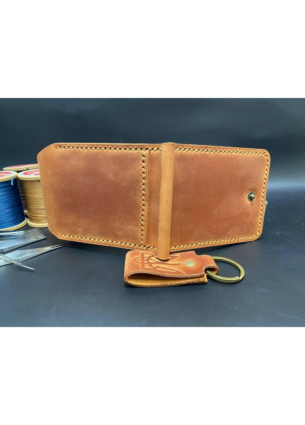 Шкіряний Гаманець Затиск Для Грошей з Монетницею Набір + Брелок Коньячний Колір No Brand (356508882)