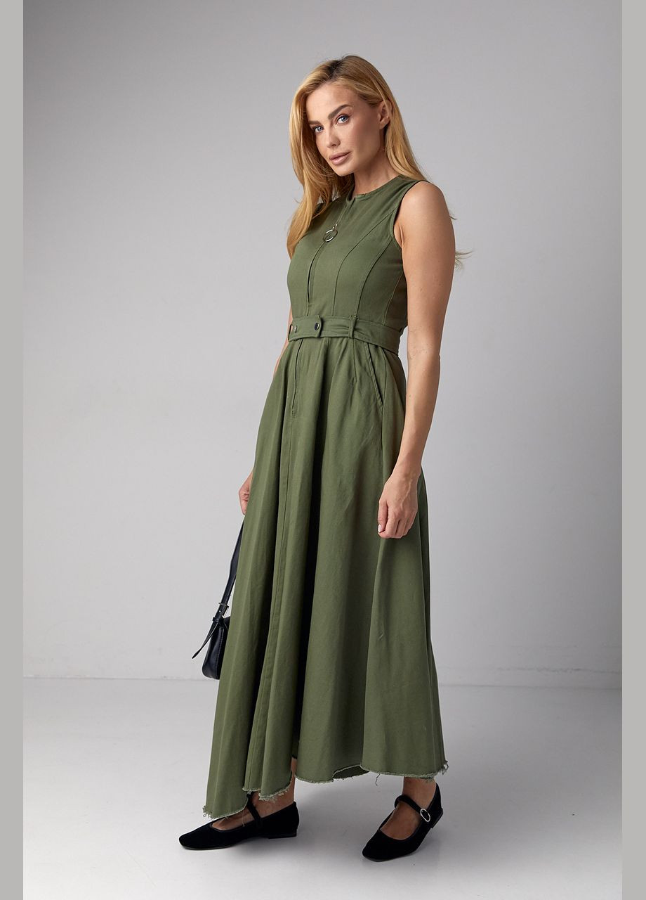 Оливковое (хаки) платье макси с молнией и асимметричным подолом Lurex