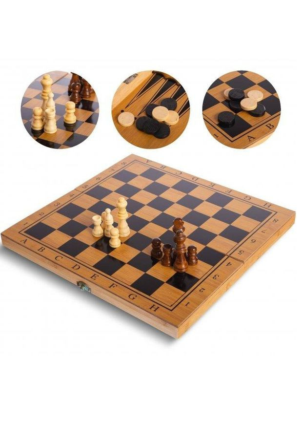 Набір 3 в 1 шашки та нарди з бамбука з дошкою 34 х 34 см No Brand (282627335)