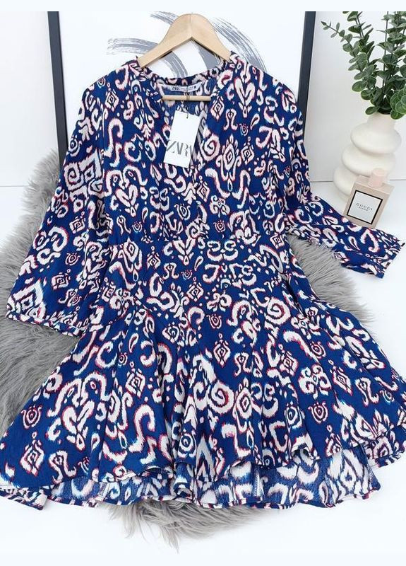 Синя розкльошена сукня міні з принтом Zara