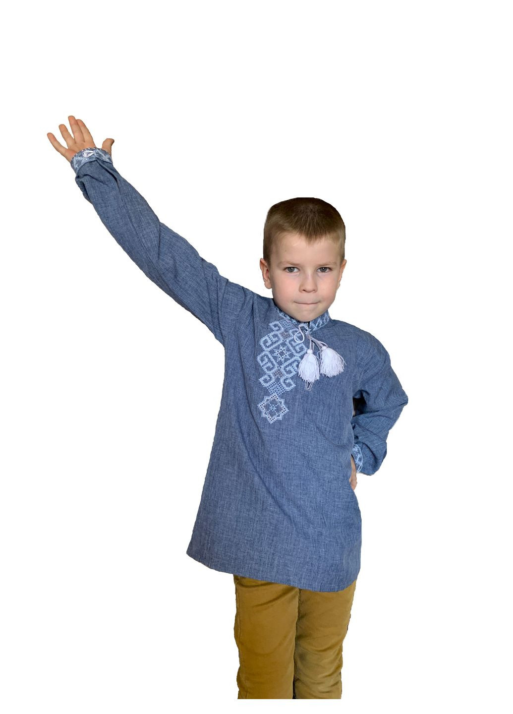 Синяя детская вышиванка для мальчика с вышивкой на спине фламинго светлое НоКо узор орнамент габардин (322320485)