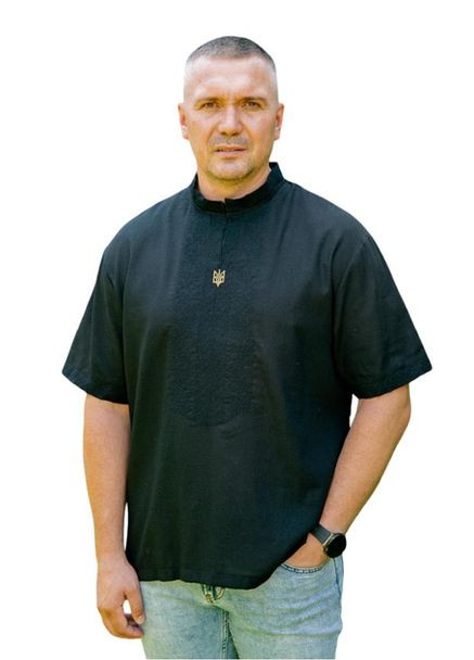 Чёрная льняная мужская рубашка-вышиванка герб с коротким рукавом Україна узор орнамент лен (334348455)