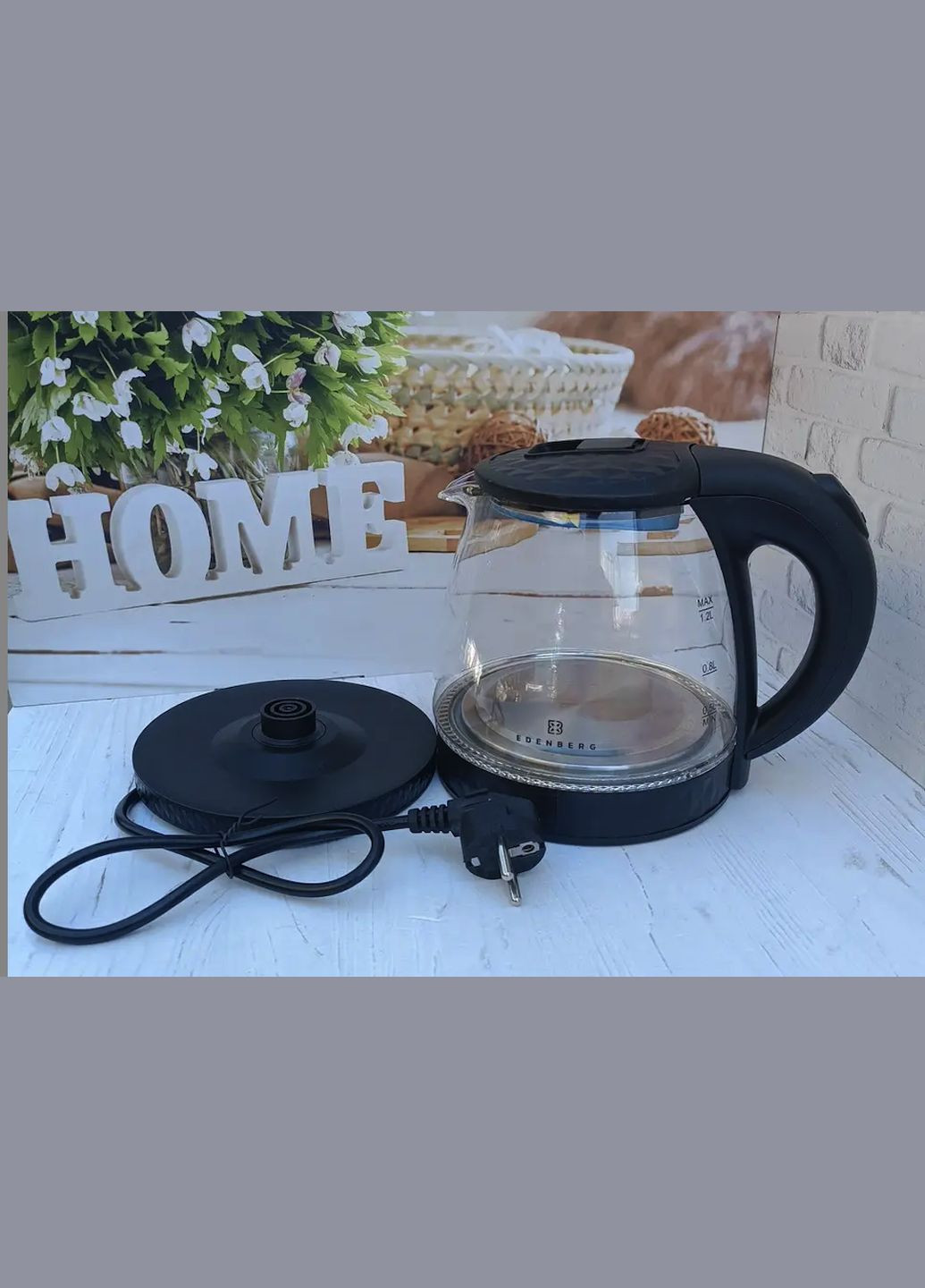 Дисковий скляний електрочайник 1,2л чайник електричний чайник скляний EB-83552 1500 Вт Чорний - Світловий індикатор робот Edenberg (299337451)