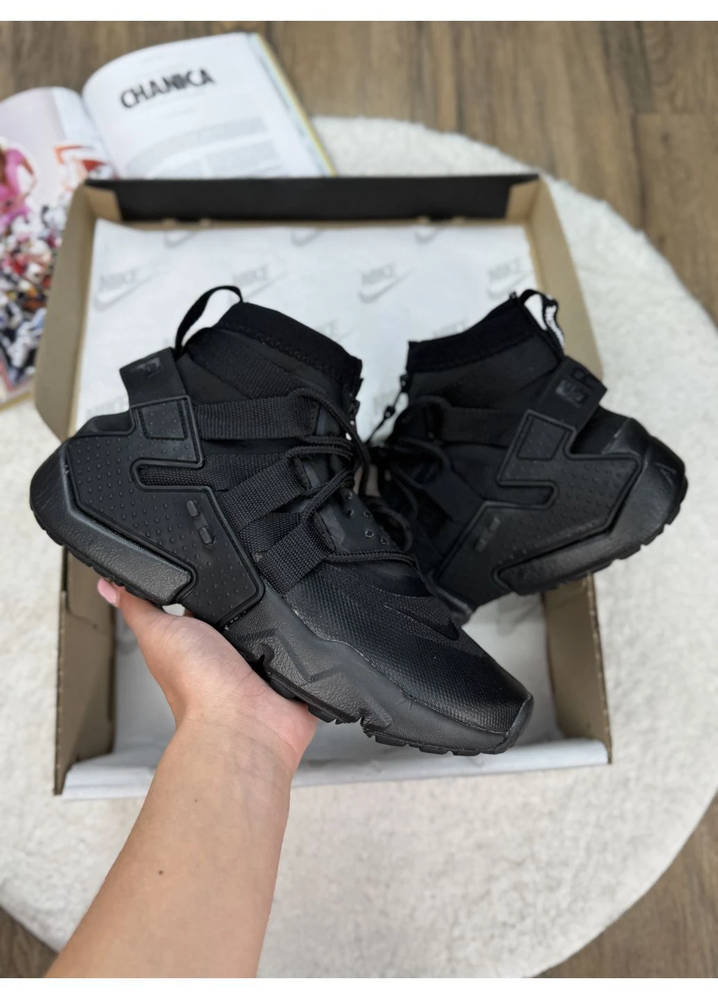 Черные летние кроссовки nike huarachi gripp zip treple black найк хуарачи No Brand