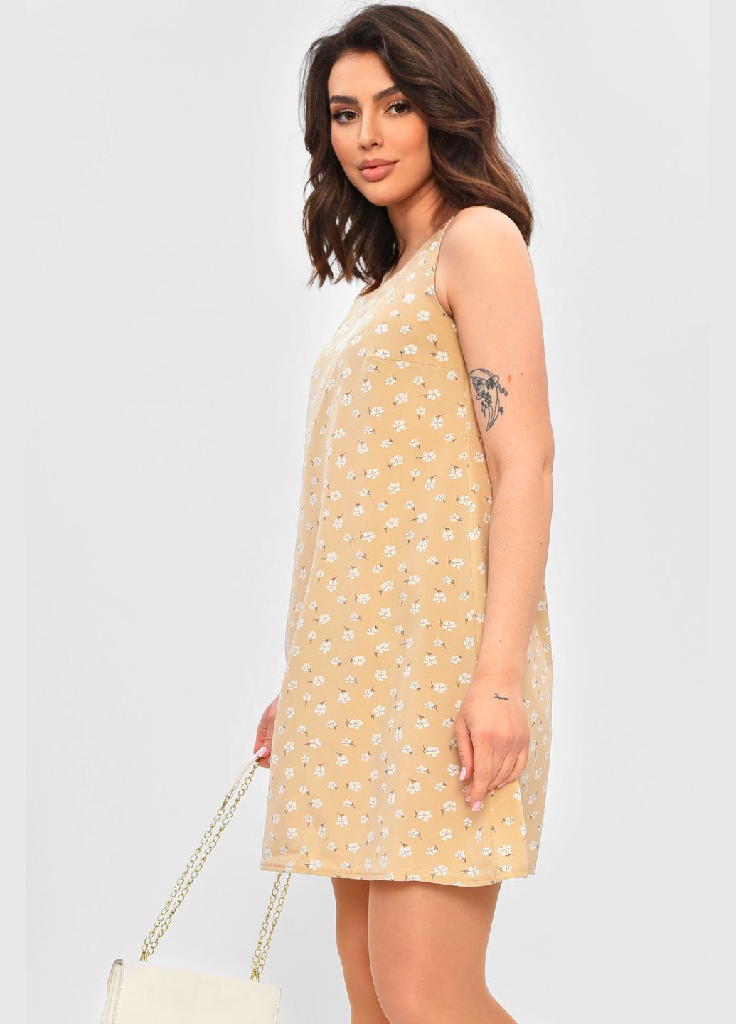 Летний женский сарафан женский бежевого цвета с принтом Let's Shop однотонный