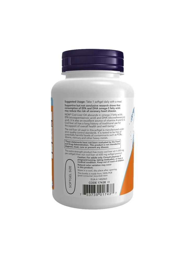 Омега 3 із печінки тріски Cod Liver Oil Extra Strength 1000 мг 180 капсул Now Foods (361117322)