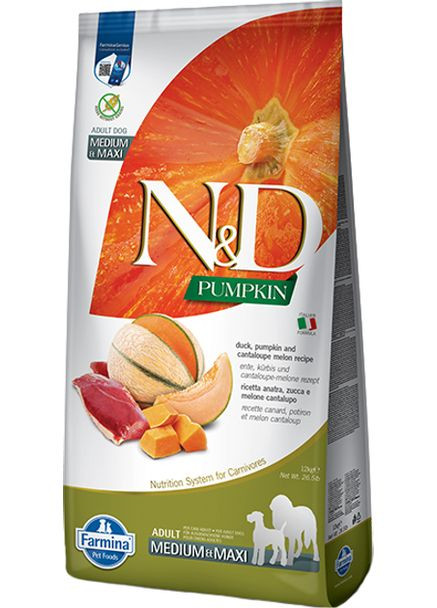 Pumpkin Duck & Cantaloupe Adult Medium & Maxi для собак середніх і великих порід з качкою та динею 12 кг Farmina (351505548)