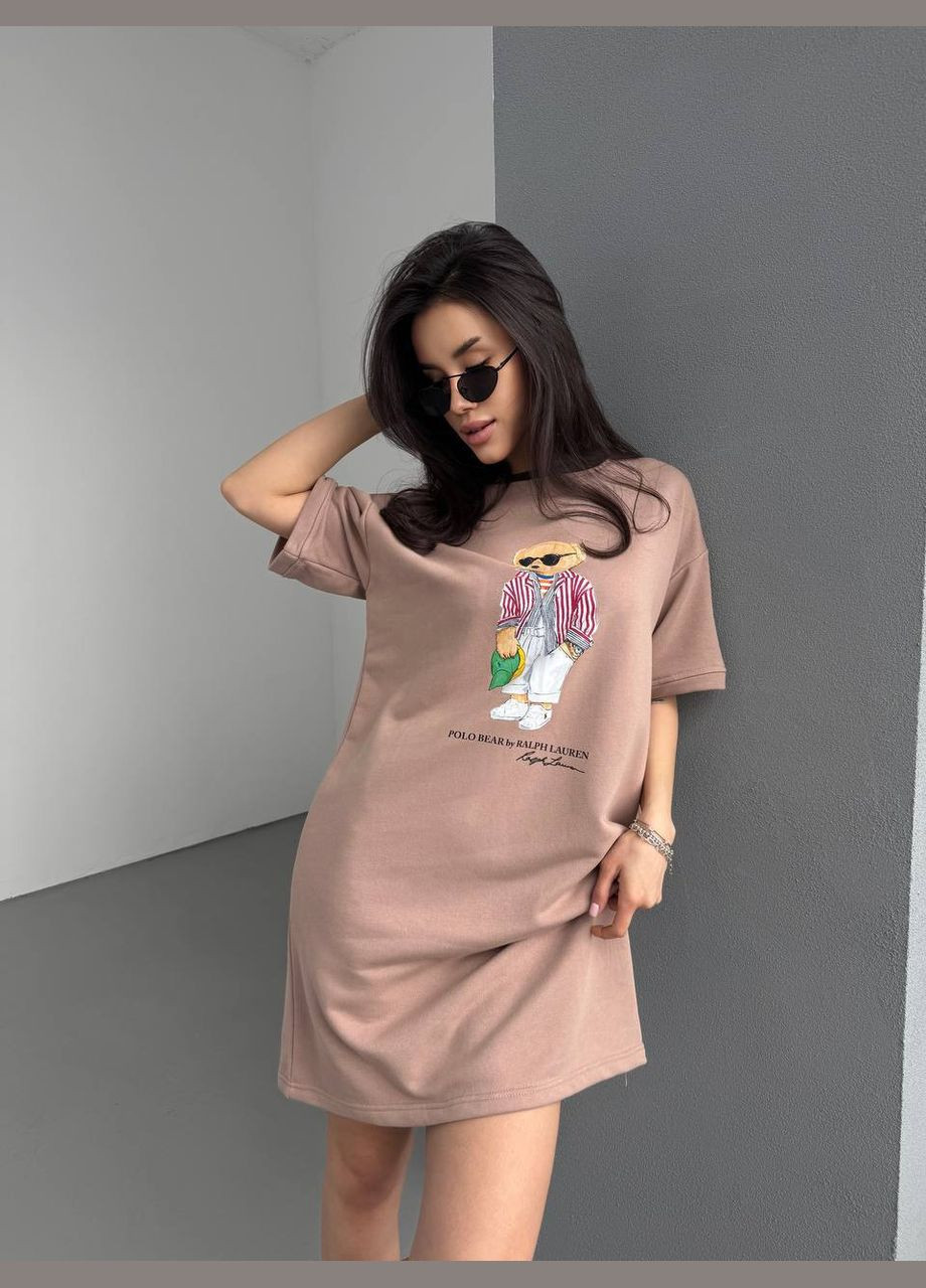 Бежева повсякденний жіноча сукня-футболка вільного крою з малюнком сукня-футболка MonCher