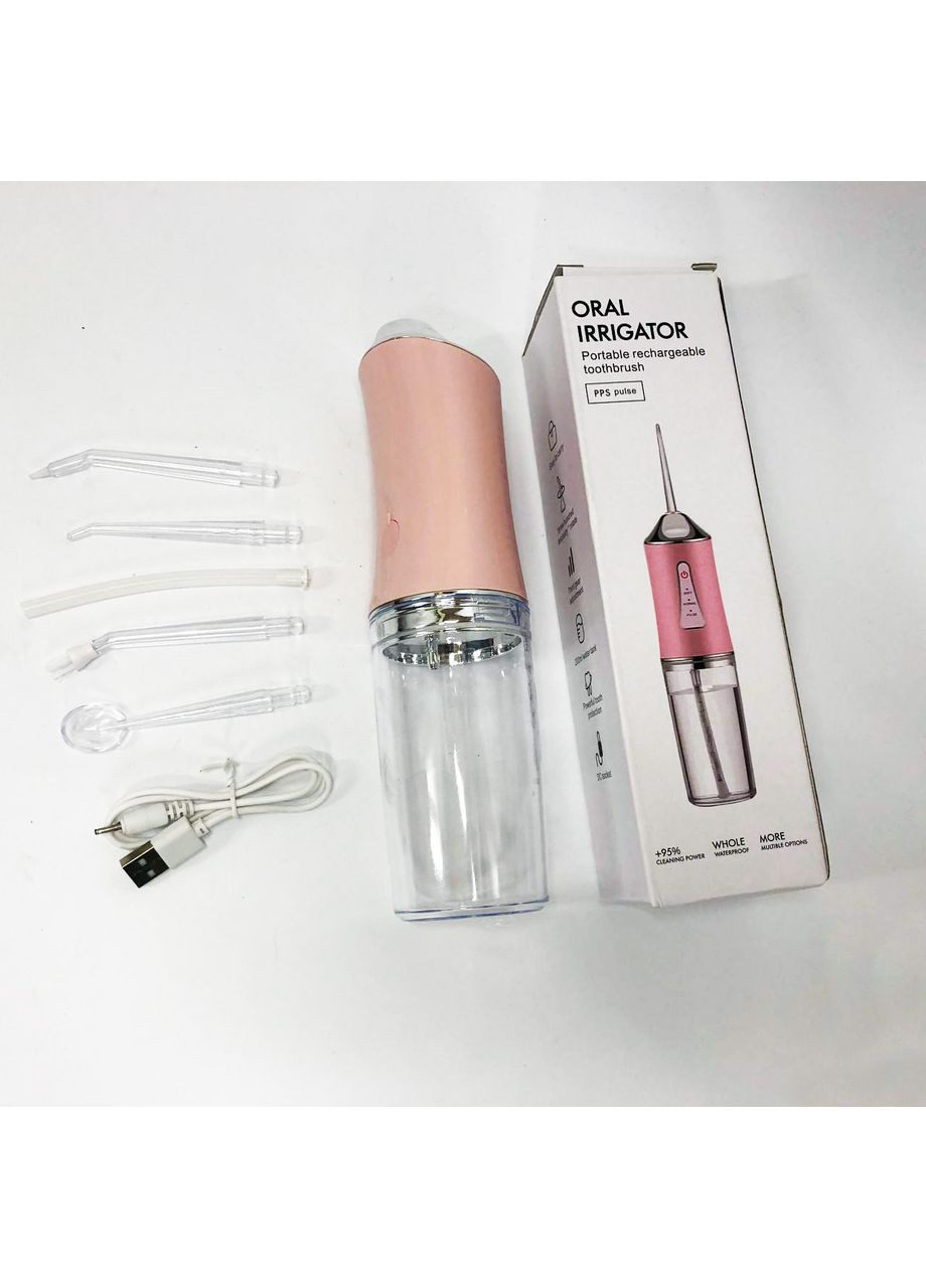 Іригатор для чищення зубів та порожнини рота Oral Irrigator з акумулятором та змінними насадками. Колір: рожевий Portable (351485775)