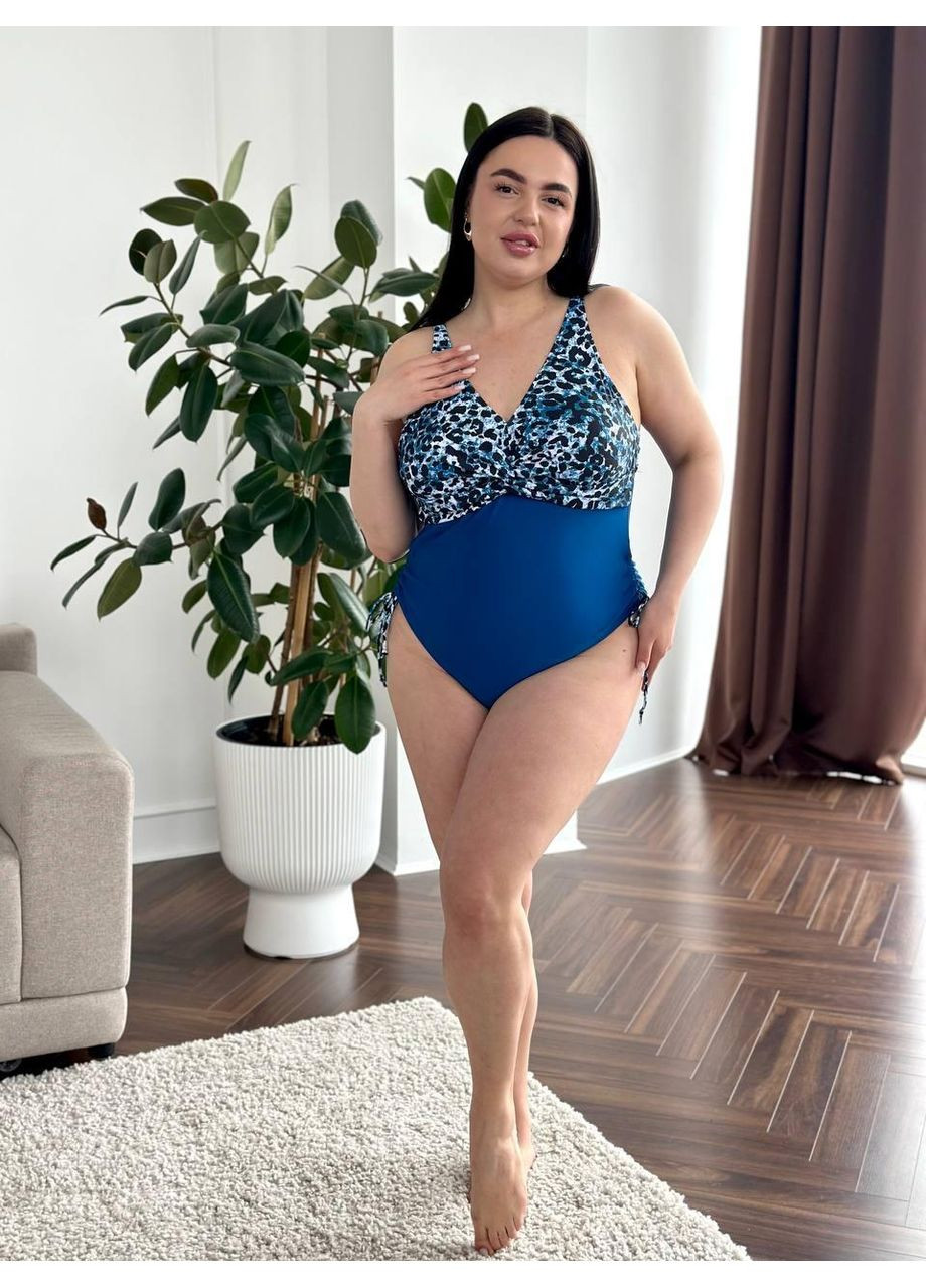 Синий летний женский сплошной купальник плюс сайз с леопардовым верхом женский купальник больших размеров синий леопард No Brand