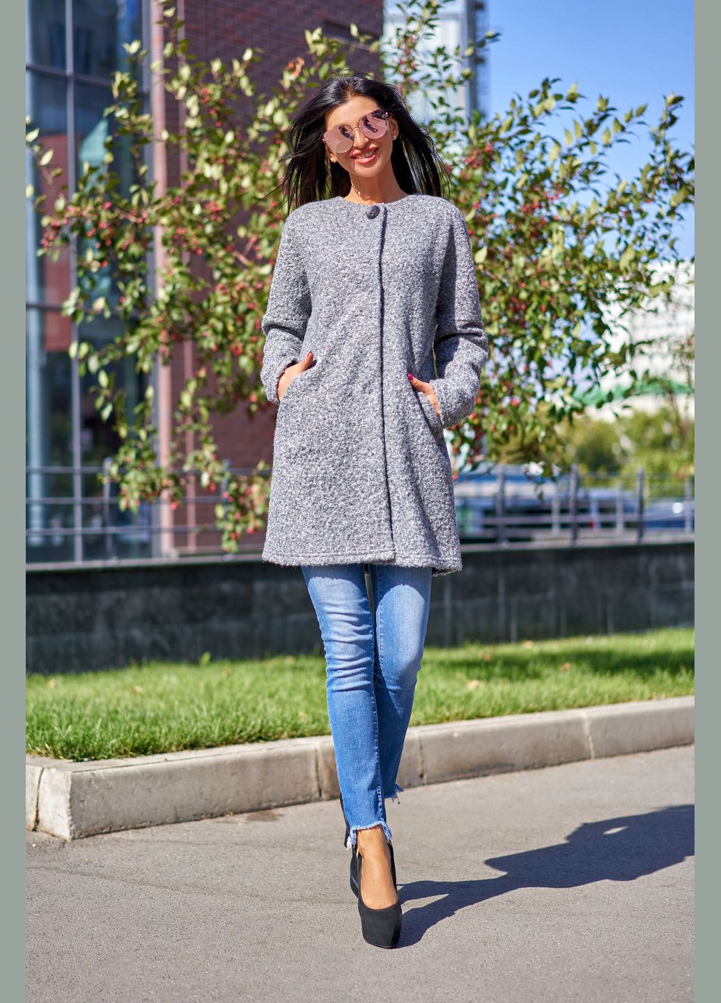 Серое демисезонное Теплое женское пальто Liton