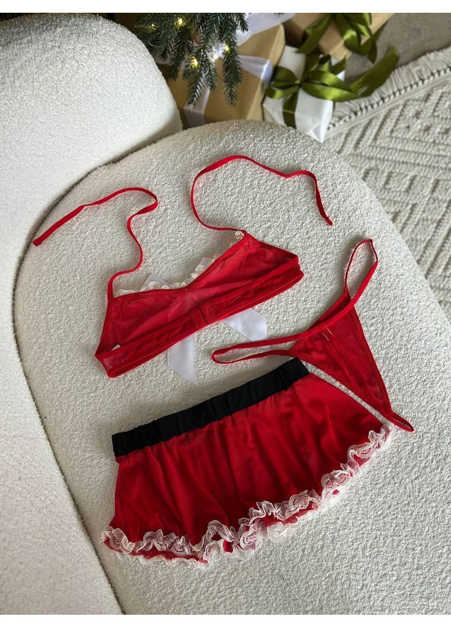 Эротический комплект с бантом и кружевом / Сексуальный топ и юбка красного цвета с белой отделкой No Brand (366571651)