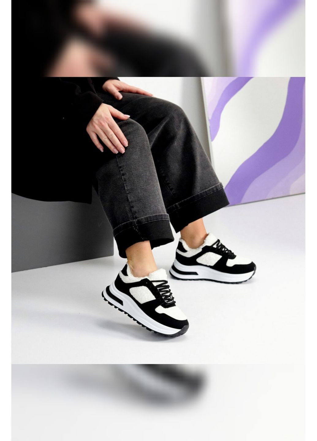 Теплі жіночі чорнобілі зимові на хутрі з еко-хутром короткі Viki кросівки білі зими (369631911)