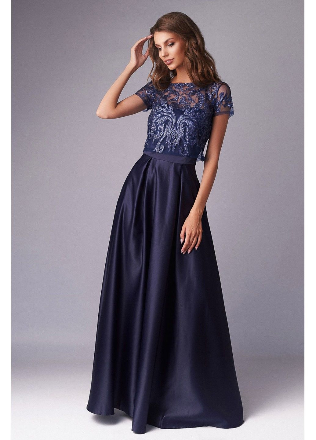 Темно-синее вечернее платье атлас глиттер 20020 синее Tanita-Romario