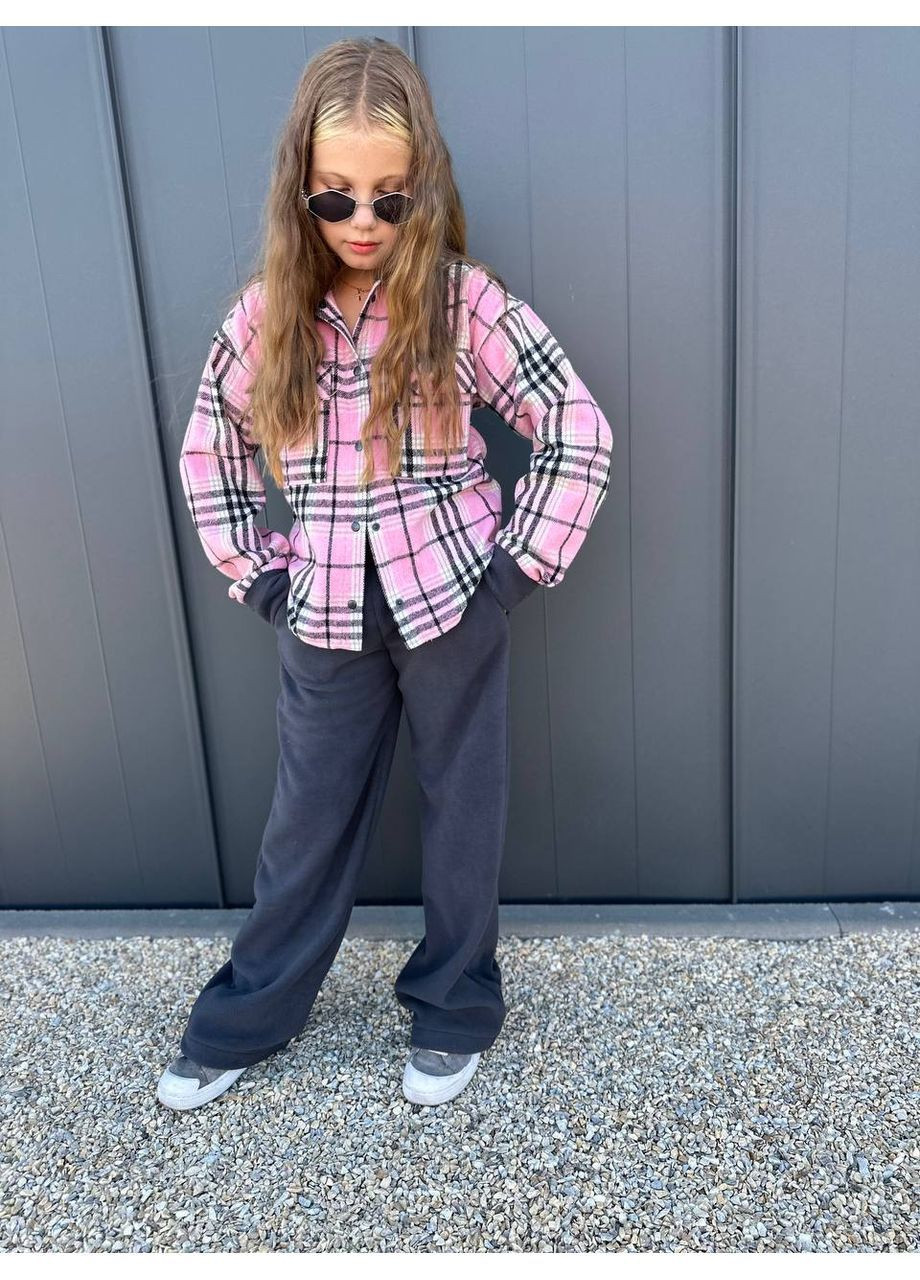 Розовый комплект рубашка байка + брюки на флисе для девочек No Brand