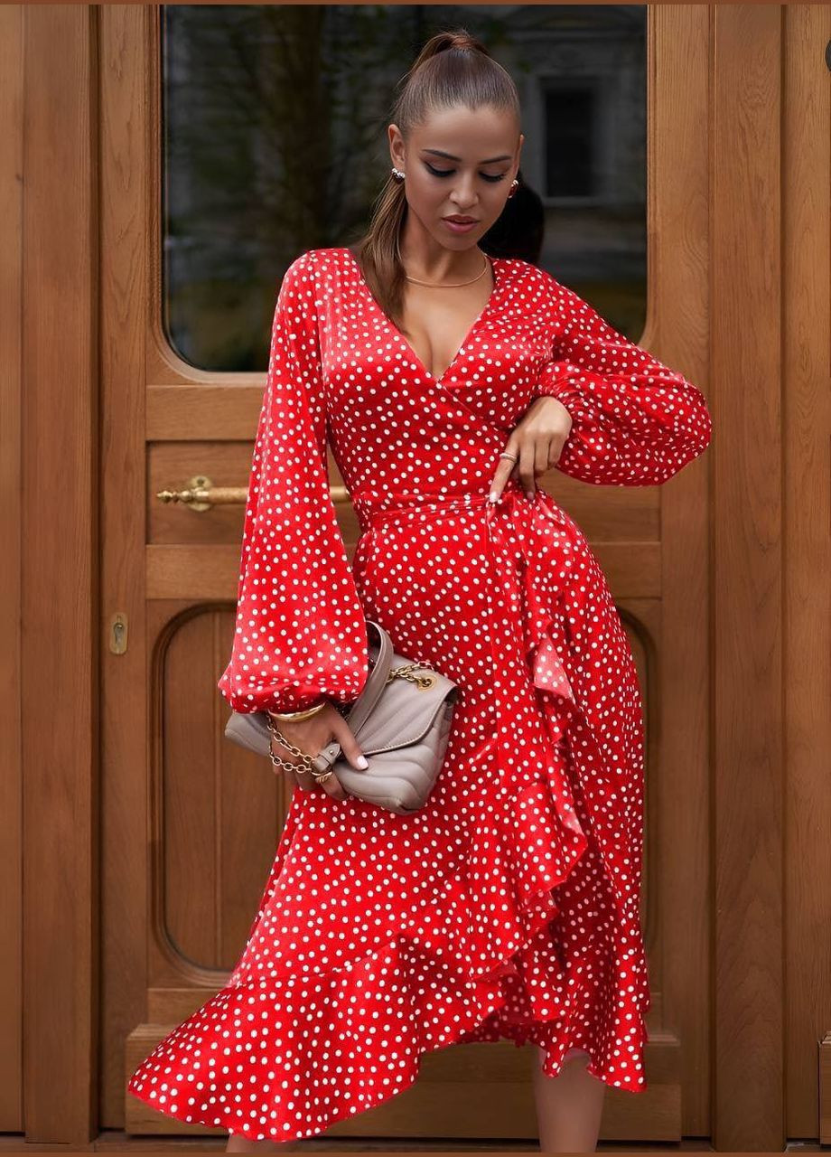 Червона вечірня сукня довжини міді на запах на запах MonCher в горошок