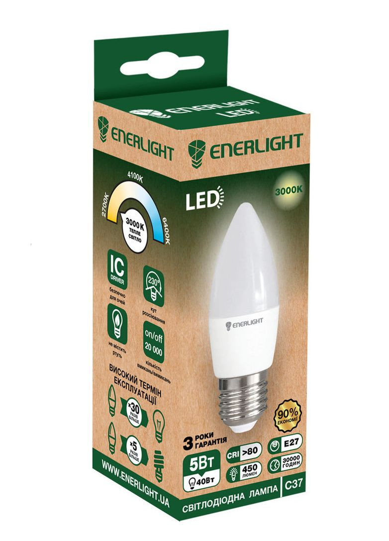 Лампа світлодіодна C37 5 Вт 3000 K E27 Enerlight (370778565)