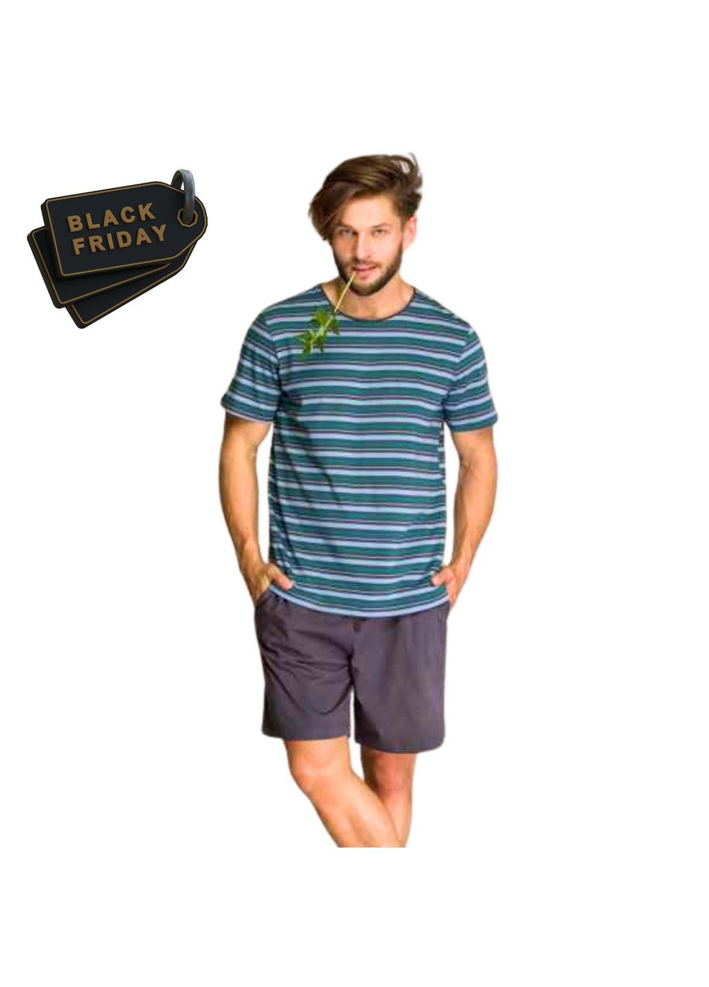 Піжама чоловіча шорти та футболка з коротким рукавом М'ятно-синій MNS 351 A21 (С) Key (305574283)