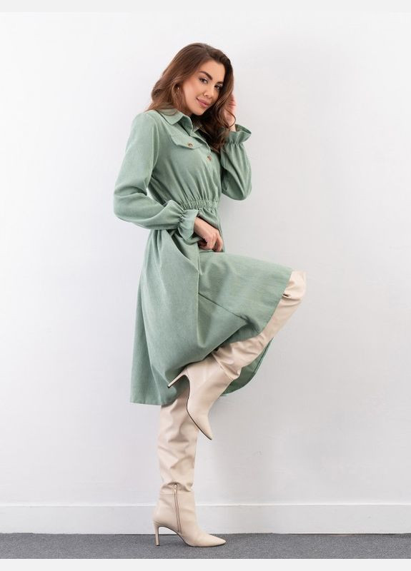 Зелена повсякденний зелена вельветова сукня-сорочка з довгими рукавами ISSA PLUS однотонна