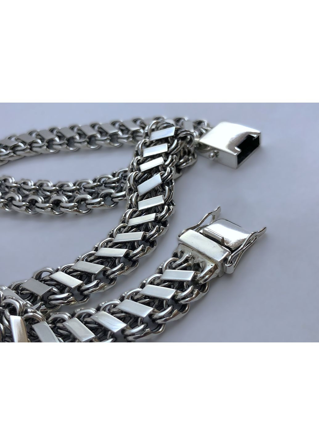 Серебряная мужская цепь двойной Бисмарк с накладками. Цепь с замком коробка DeLoS (352229388)