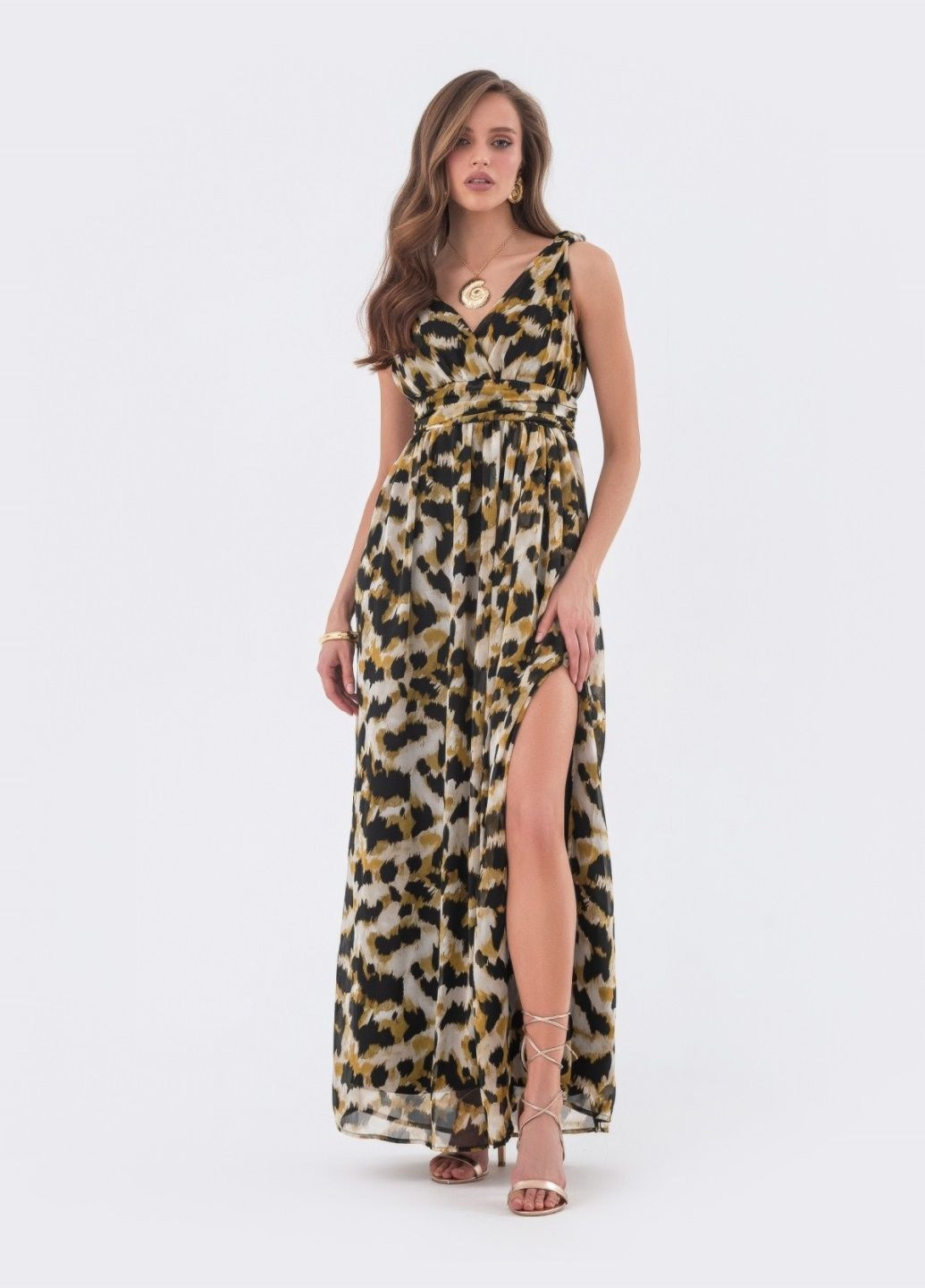 Молочное длинное платье в анималистный принт молочное Dressa