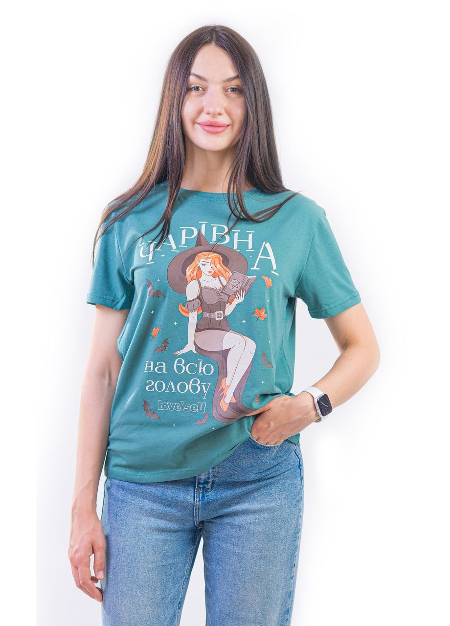Темно-бірюзова футболка унісекс бірюза темна з принтом чарівна на всю голову кольорова (кулiр) розмір l 4PROFI кулір (298127456)