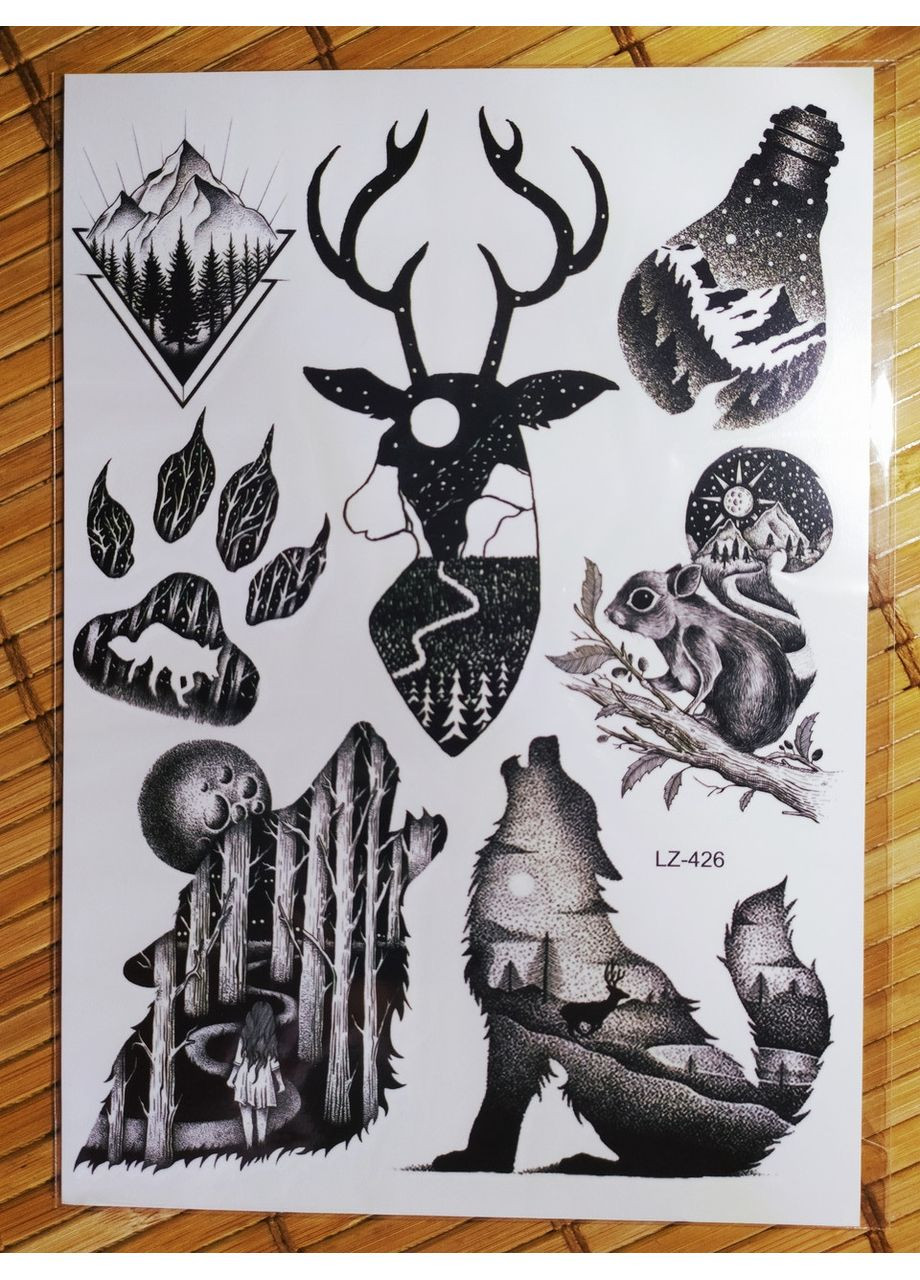 Временное тату-набор 7в1 Животные графика 21х15 см LZ426 Tattoo (367623562)