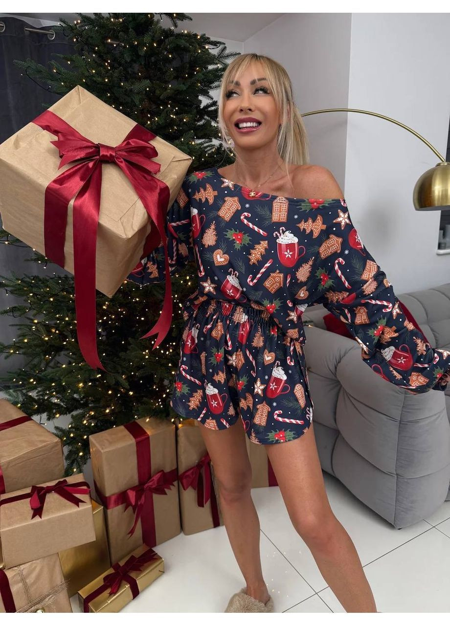 Синяя зимняя пижама женская топ + шорты + брюки Гермес