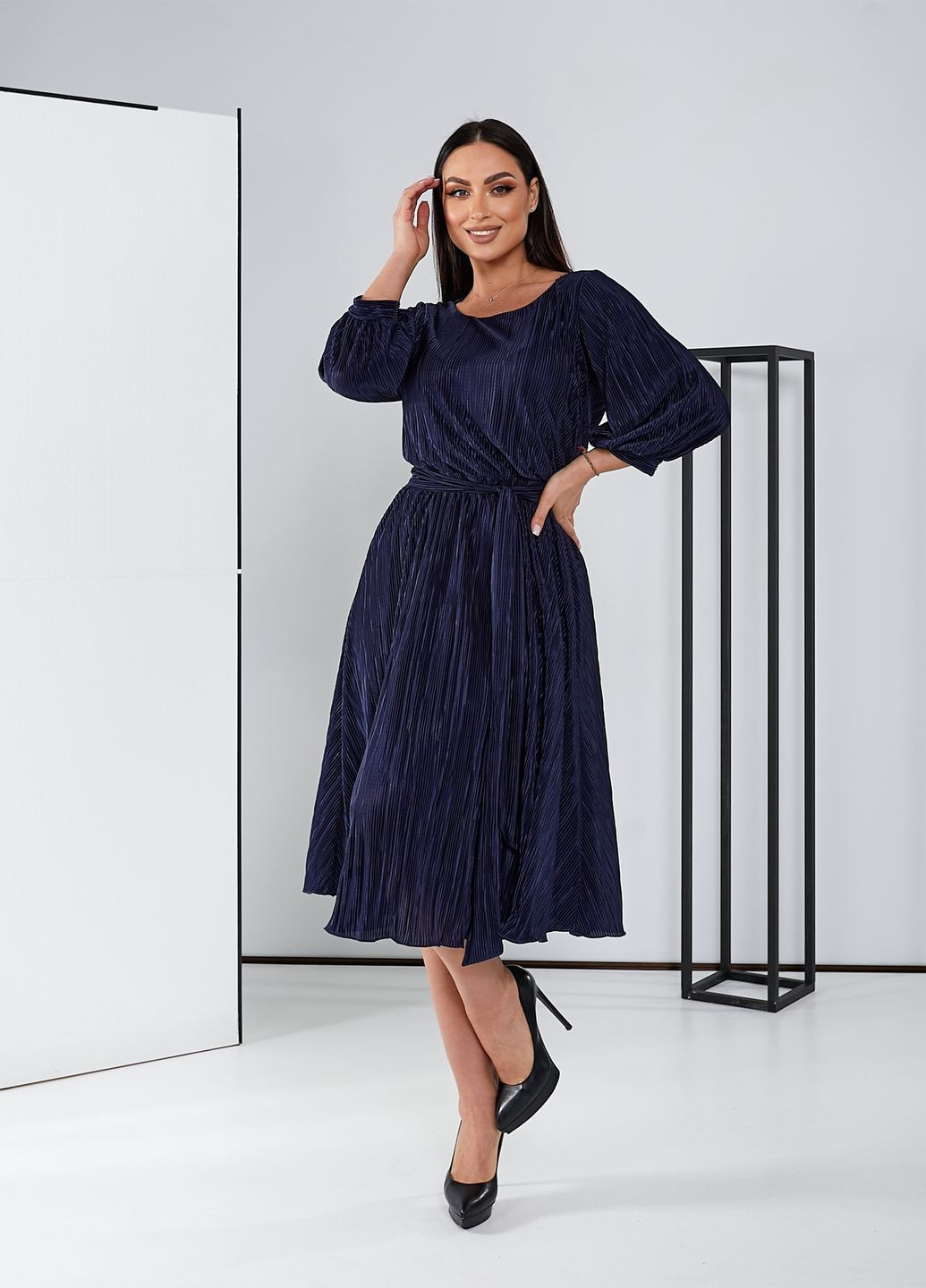 Темно-синее праздничный, коктейльное, вечернее платье плиссе клеш, колокол, плиссированное No Brand однотонное