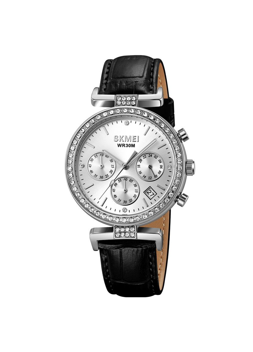 Годинник кварцовий сріблястий для жінок з календарем і чорним ремінцем стрілочний ProDobro (367266593)