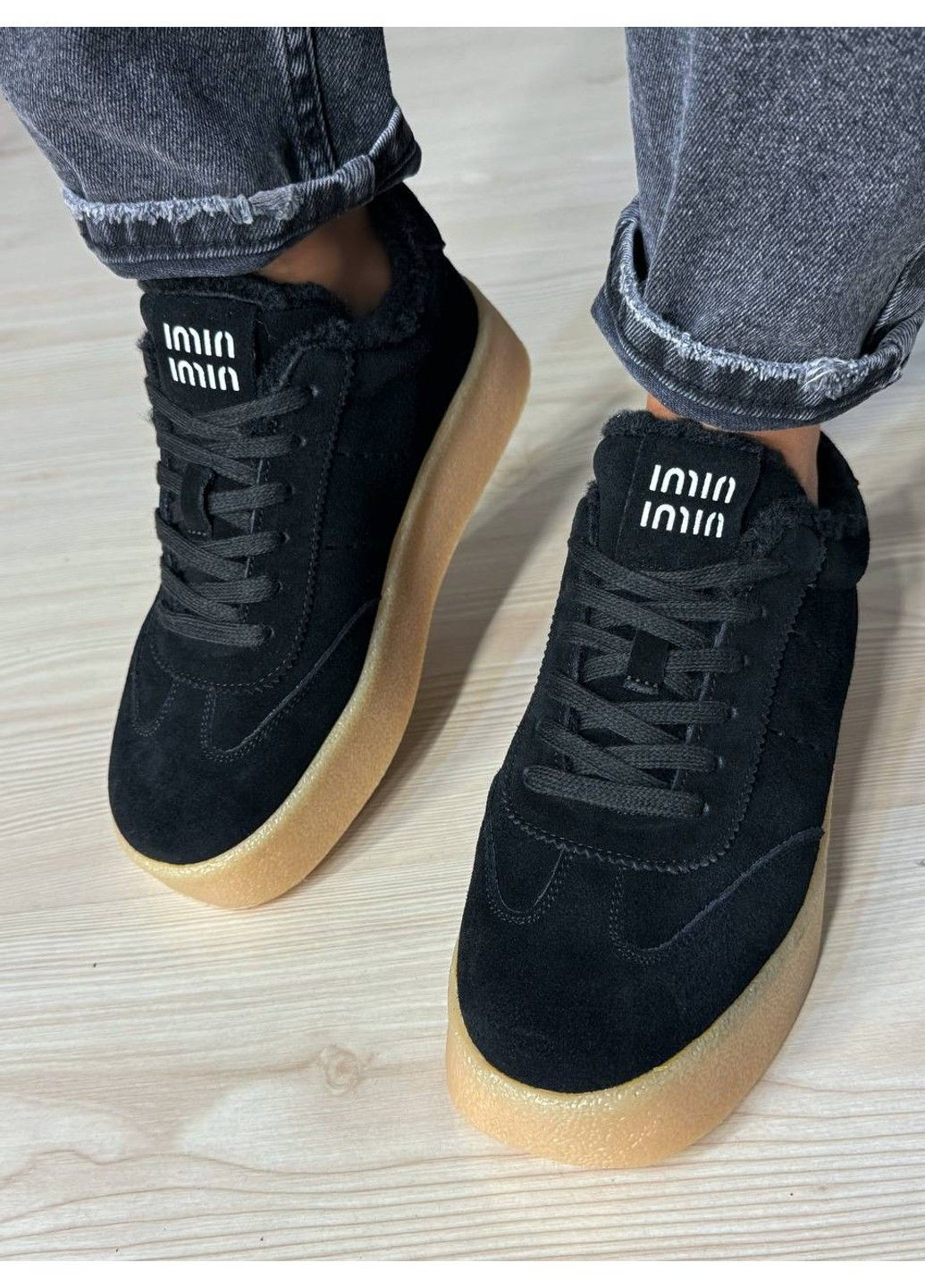 Черные кеды женские 633-1 утепленные замшевые на меху черные Hengji