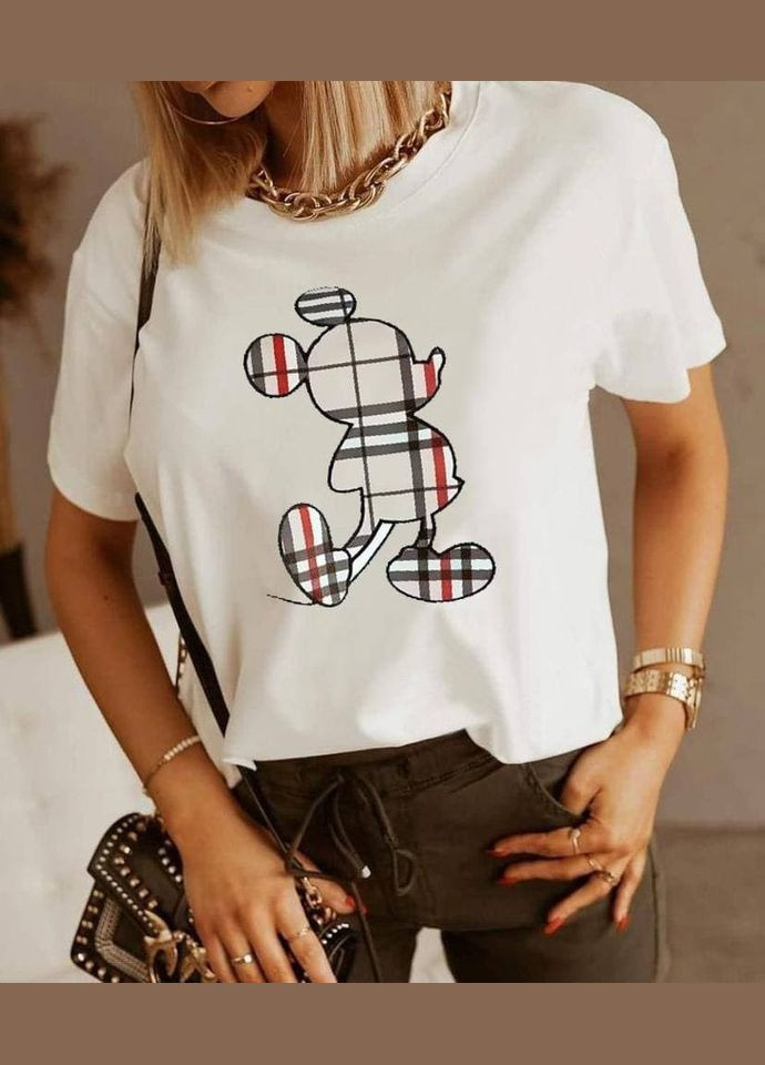 Жіноча з принтом "Міккі Маус (клітка та смужка)" Кавун футболка - (316342240)