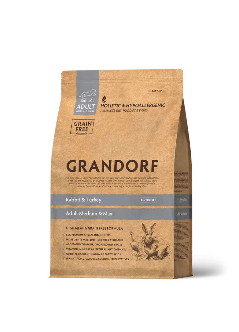 Сухий корм для дорослих собак середніх та великих порід RABBIT & TURKEY ADULT кролик з індичкою, 3 кг Grandorf (337311158)