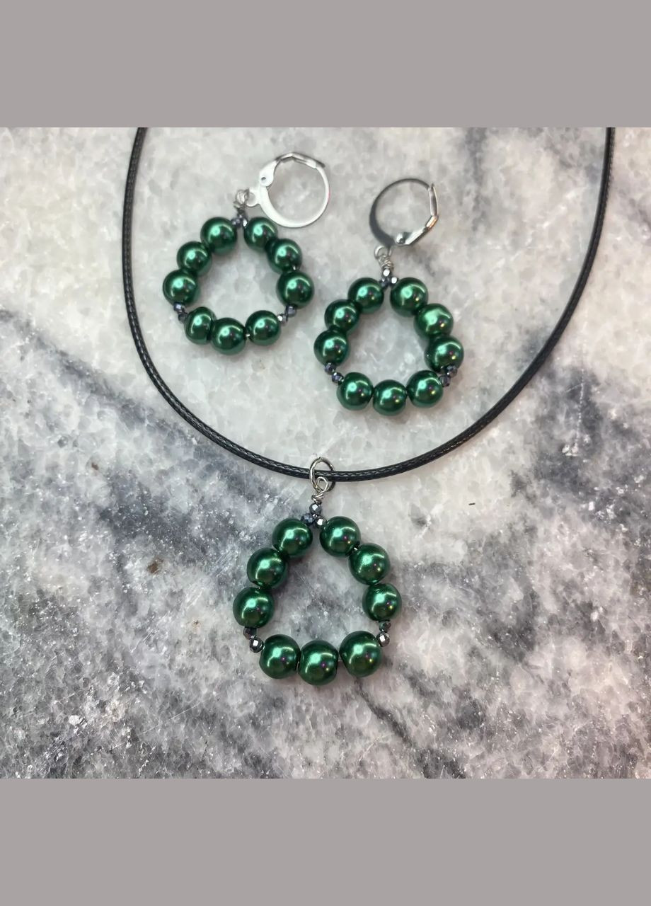 Набір Сережки+Кулон Майорка "Зелена" d-6мм L-40-45см фур-ра нержавіюча сталь No Brand сережки+кулон (300584581)