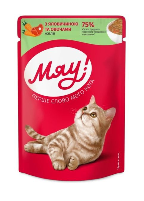 Влажный корм для котов Мяу желе с говядиной и овощами 85 г x 24 шт B2240801 Мяу! (333380184)