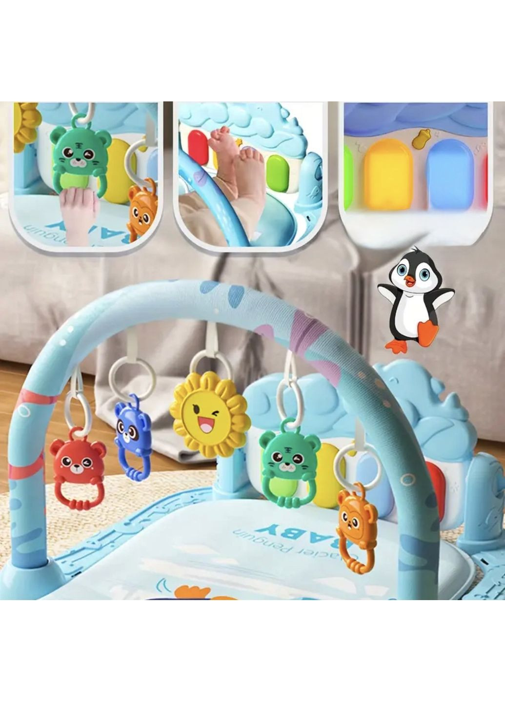 Игровой коврик-пианино с дугой и подвесными игрушками, 72×43 см, для младенцев No Brand (364553166)