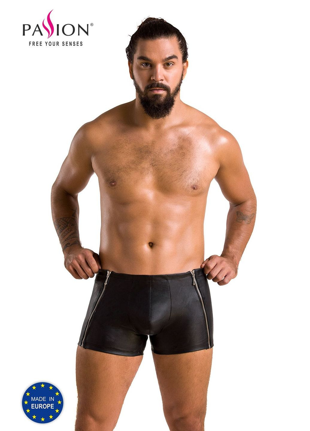 Мужские кожаные боксеры с молниями Short Matt, черные Passion (297587158)
