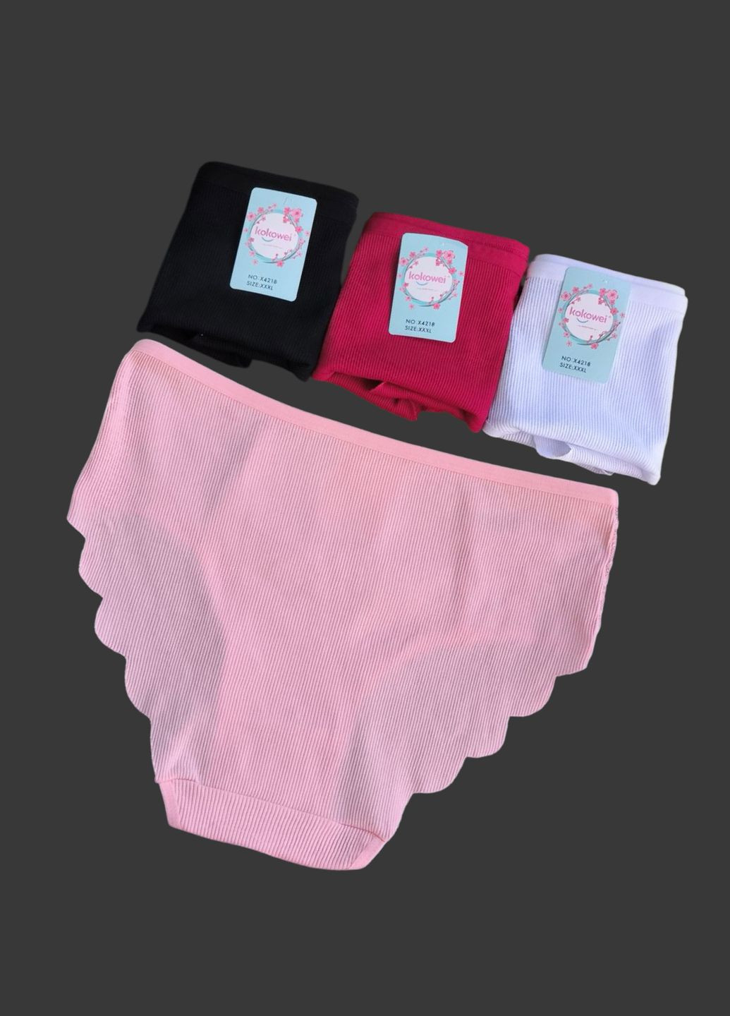 Набор 4 шт хлопковые трусы слип в рубчик с кружевом впереди (сзади бесшовные края, что не передавливают ягодицы) Kokowei (322429365)