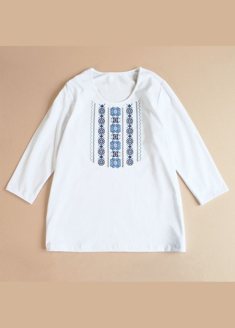 Женская вышитая футболка с 3/4 рукавом белая с цветами. Ladan - (301026411)