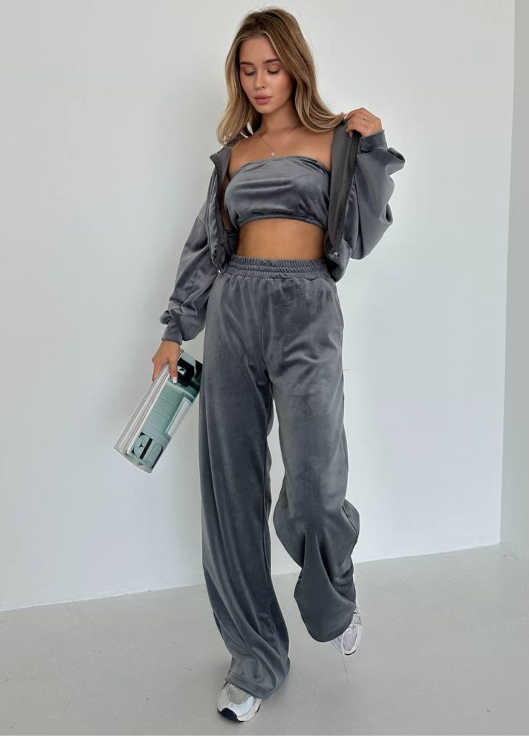 Велюровий повсякденний костюм трійка: вкорочений худі + топ + штани Tik-Tak (322677775)