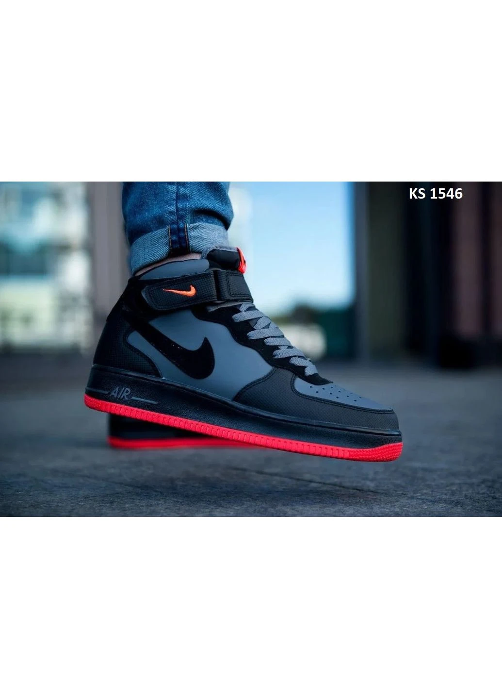 Чорні кросівки чоловічі nike air force 1 high black/grey/red найк аір форс 1 чорні демісезон No Brand