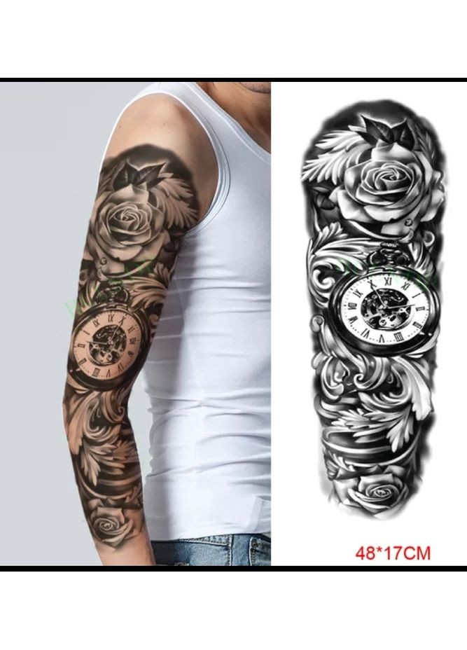 Тимчасове татуювання рукав Годинники в трояндах TQ228 Tattoo (366890977)