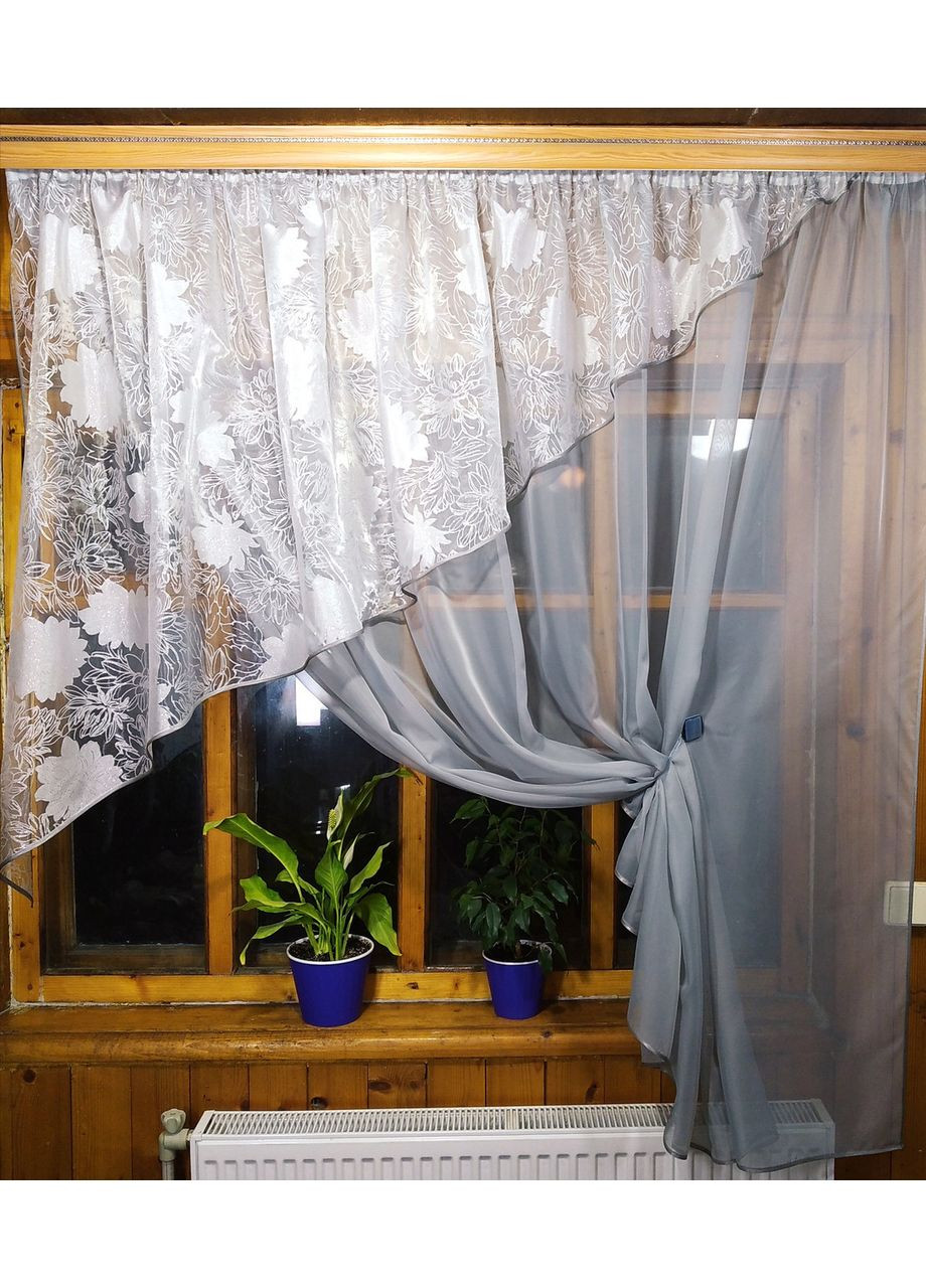 Фіранка красива кухонна готова Фая сіра срібна квітка ліва No Brand (372134013)