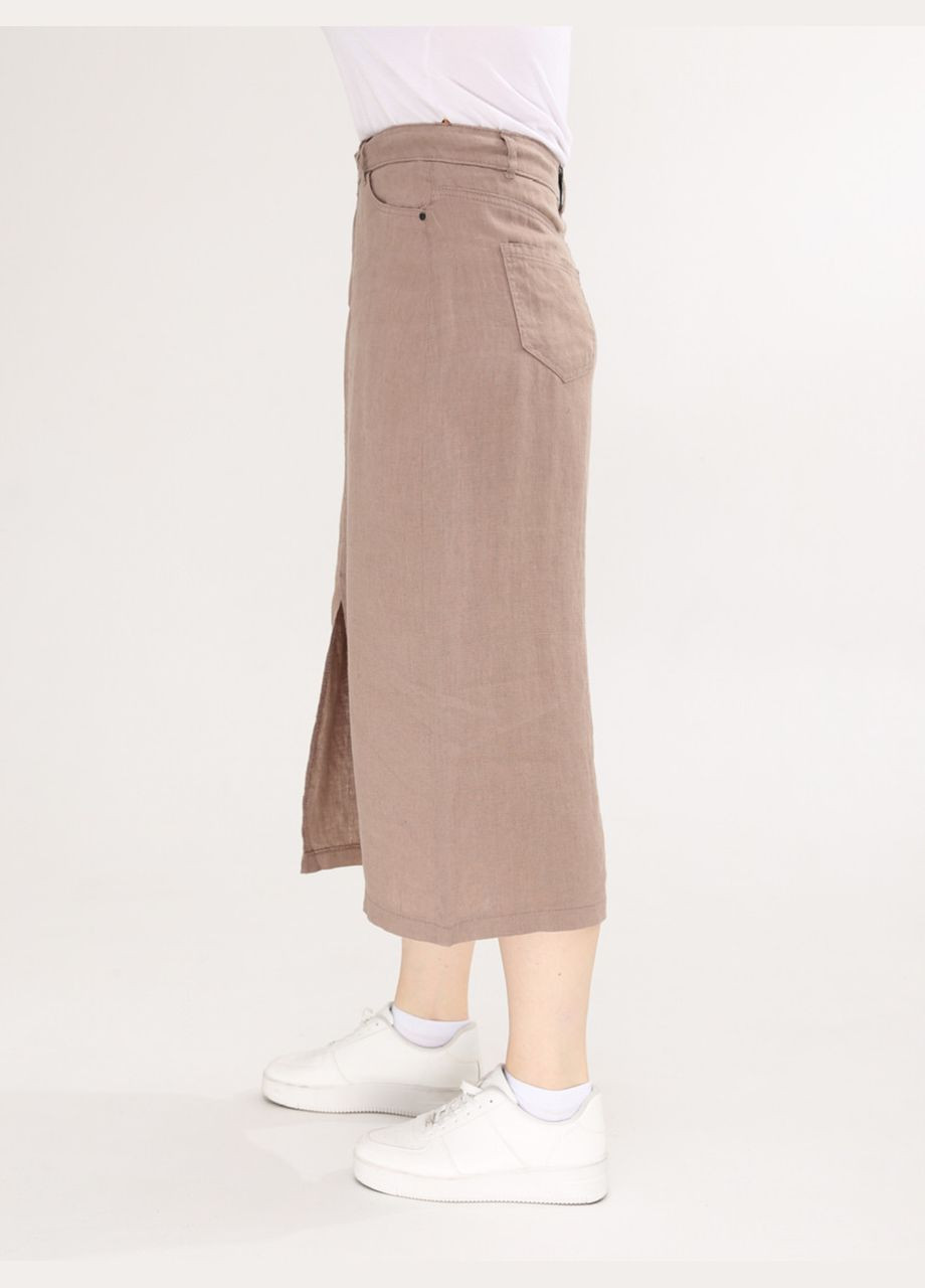 Коричневая повседневная однотонная юбка женская коричневая льняная меди с разрезом Estensivo карандаш