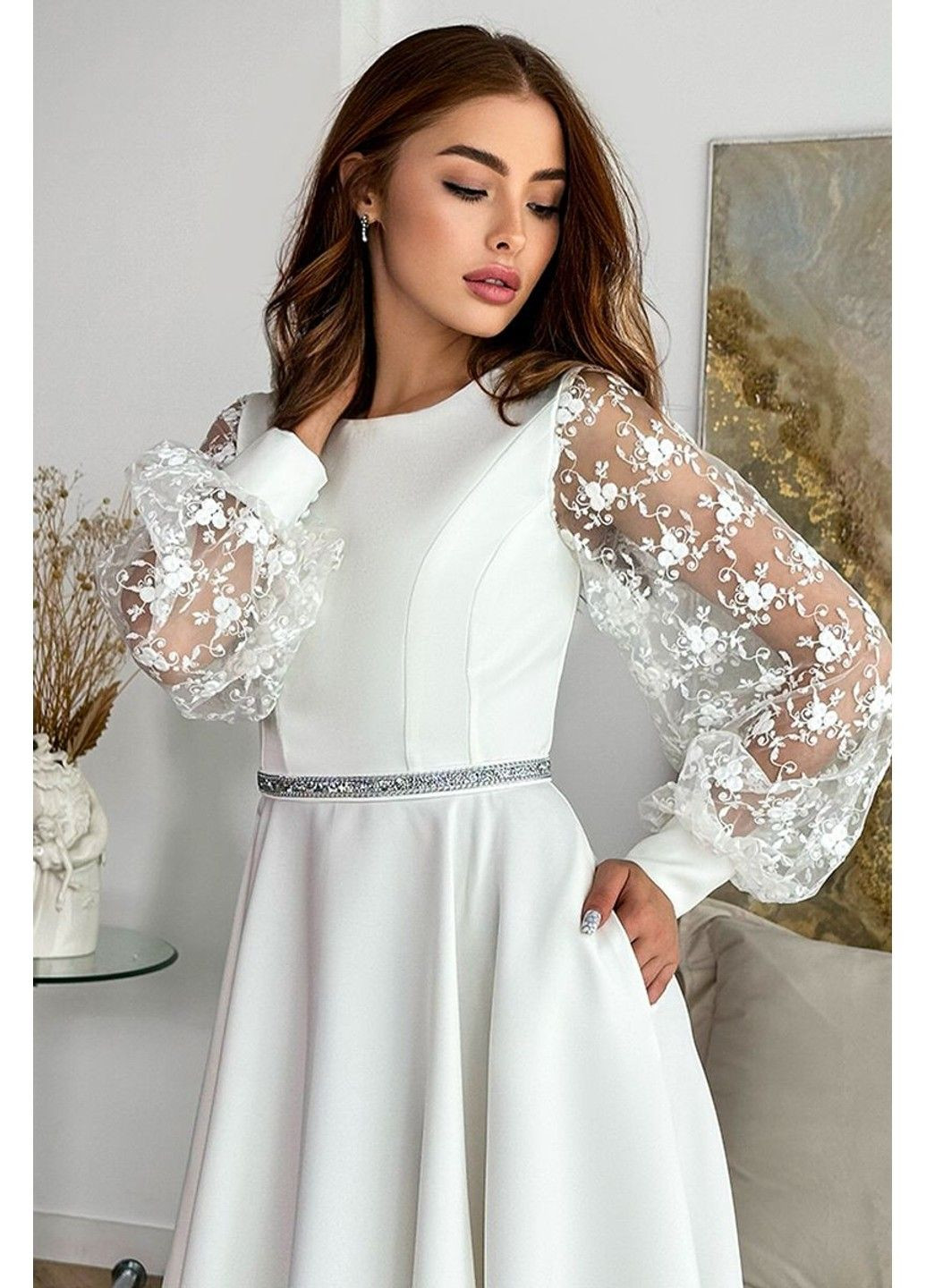 Молочное коктейльное платье прозрачные руковое 23076 молочное Tanita-Romario