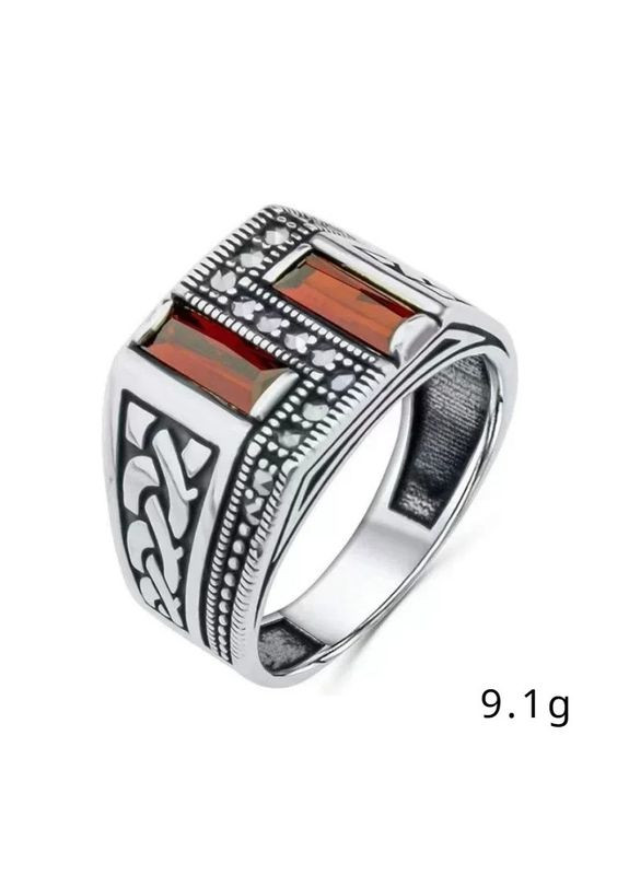 Вінтажна чоловіча каблучка перстень в європейському стилі з червоним камінням і візерунками срібляста розмір 20 Fashion Jewelry (289717583)