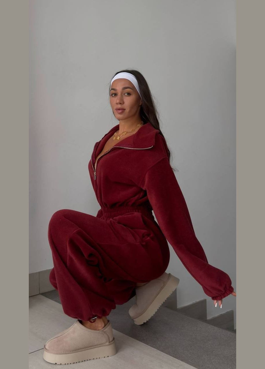 Женский комбинезон No Brand комбинезон-брюки однотонный бордовый спортивный, повседневный, кэжуал, денил флис