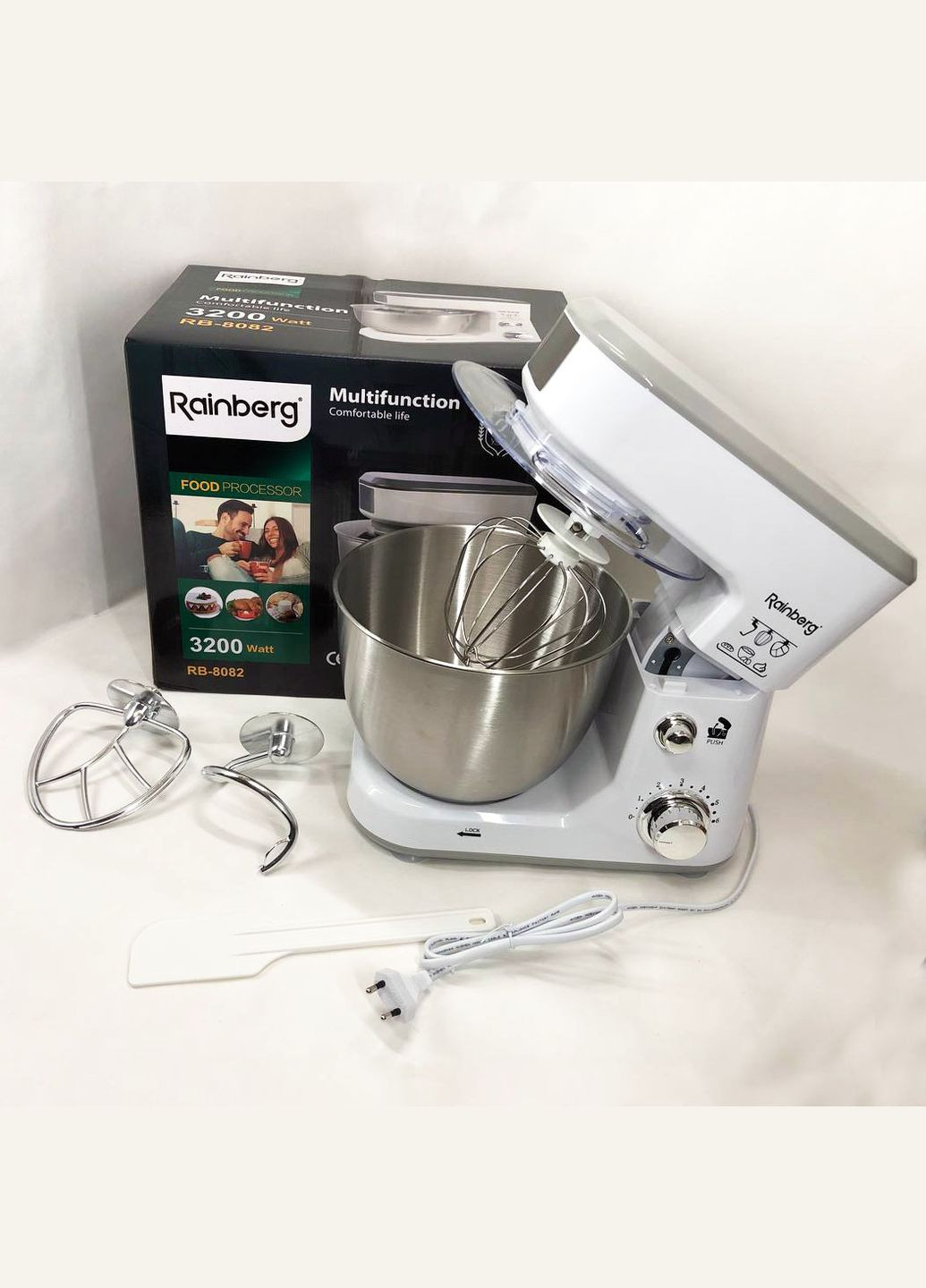 Кухонний комбайн RB-8082 3200 Вт, Планетарний міксер-тестоміс з чашею 5л, 3 насадки, 6 швидкостей Rainberg (364663972)