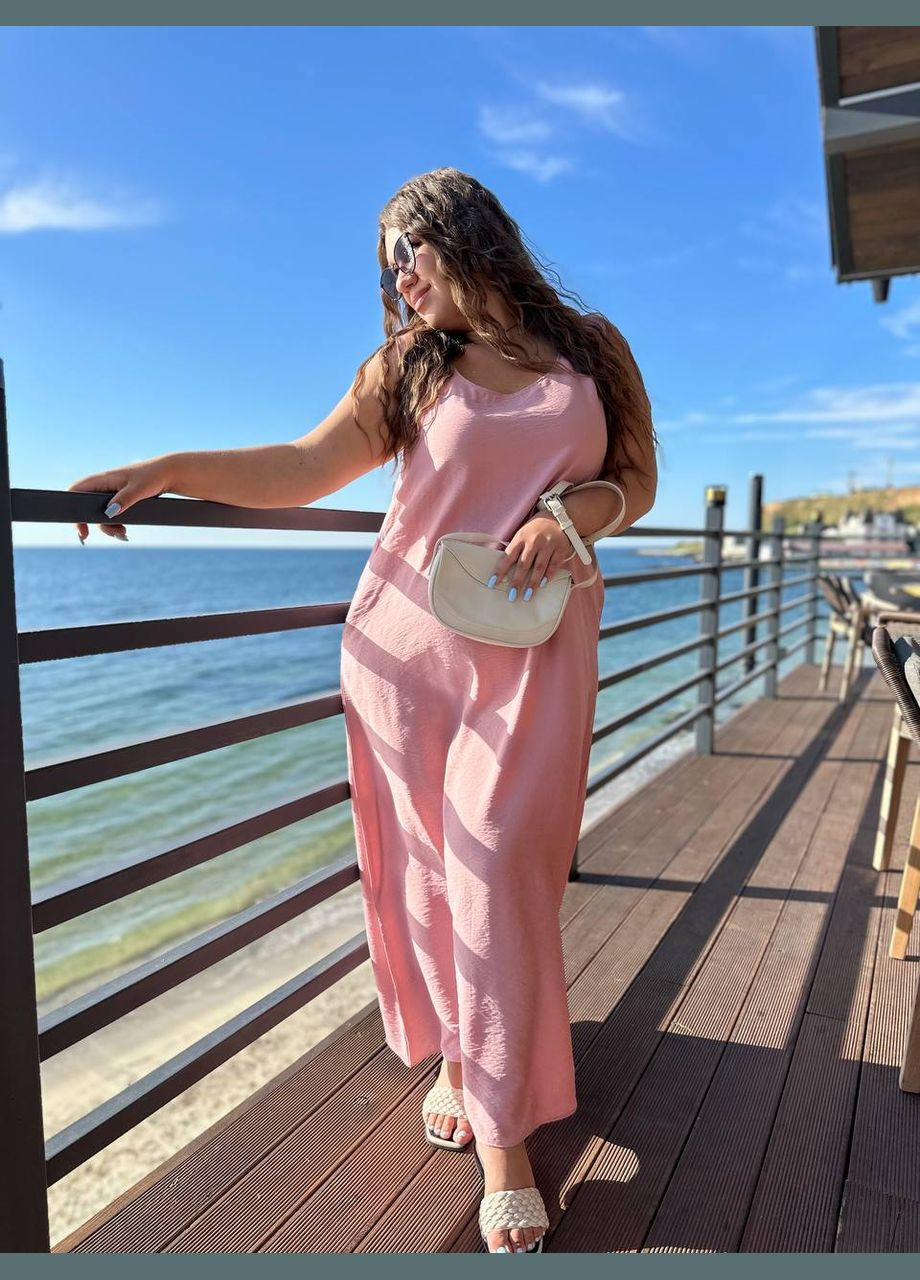 Пудровое повседневный льняное платье макси свободного кроя MonCher